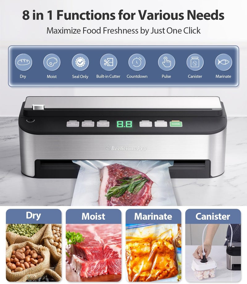 Beelicious Pro PressFree TRUE-Auto Vacuum Sealer Machine, Beelicious 85KPA Fully Automatic 8-IN-1 Food Sealer with Bags Storage, Build-in Cutter, Moist Mode and Air Suction Hose |Sous Vide | Digital Countdown - Image 4
